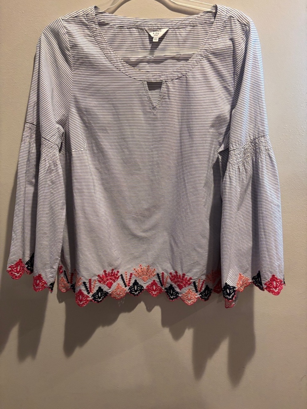 crown & ivy Blue Stripe Bell-Sleeve Top with Pink & Black Embroidered Hem